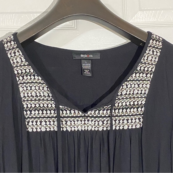 Style & Co Women's Blouse Top Embroidered Boho Peasant  Black White Sz Large - Picture 3 of 8